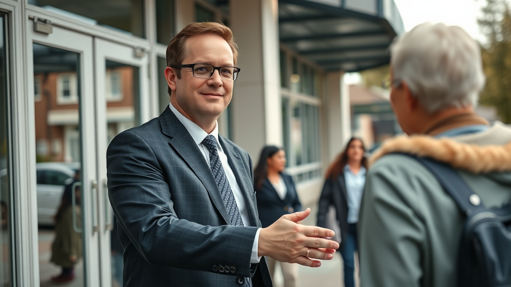confident personal injury lawyer standing out in your community, shaking hands outside law office with community member, courthouse in background