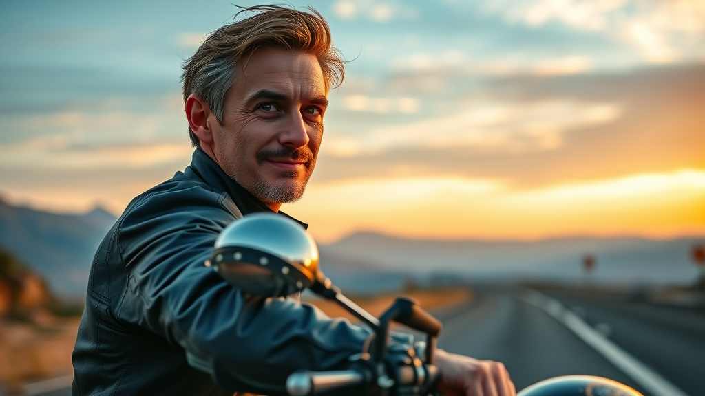 Confident motorcycle rider adjusts helmet, focuses ahead with disciplined mindset for motorcycle safety|Img_Alt_Text: motorcycle safety mindset for safe riding techniques