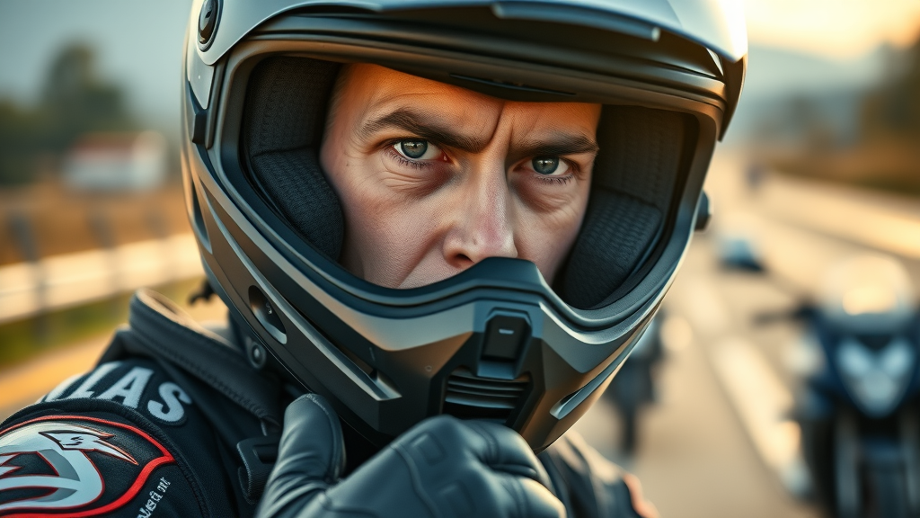 Motorcyclist in full gear and helmet ready to ride, helmet safety motorcycle injury statistics