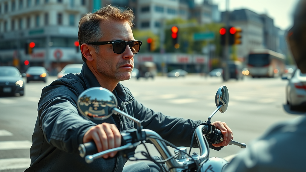 focused defensive motorcycle riding motorcyclist scanning the road, city intersection, blue-grey tones, realistic sunlight