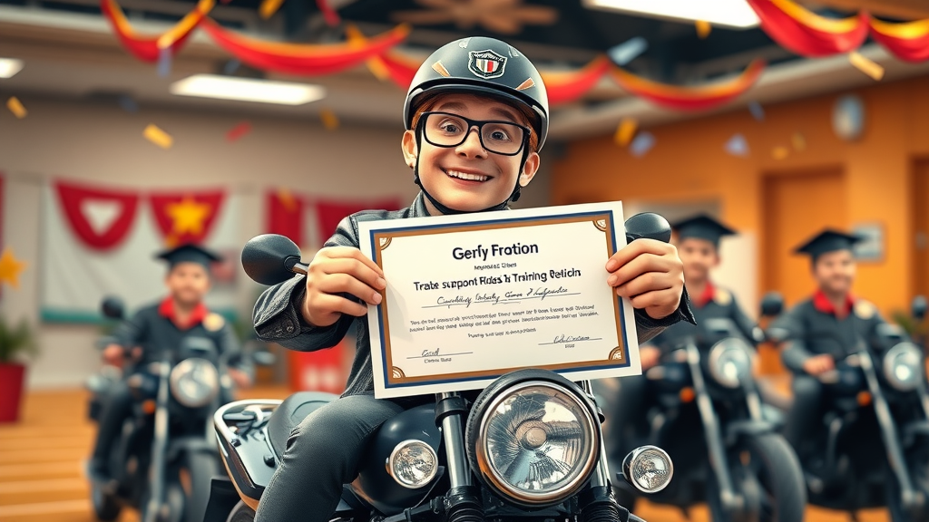 proud motorcycle rider holding certificate after graduation, celebratory academy setting with other graduates, 2D Cartoon style
