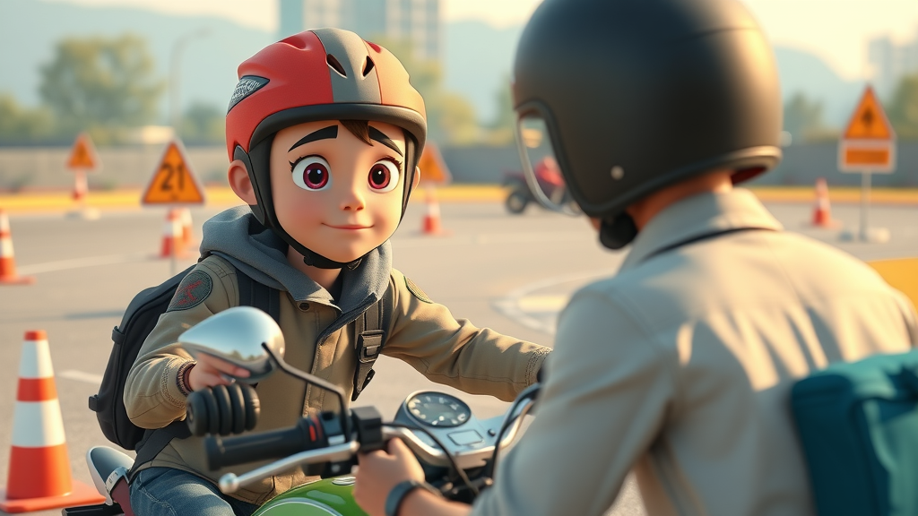 Young novice motorcyclist learning from instructor on training course - safety training and motorcycle accident causes