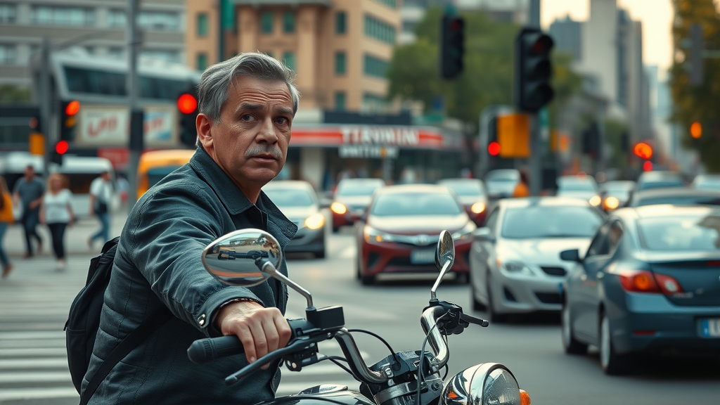 busy city intersection with vigilant motorcycle rider practicing safe motorcycle handling