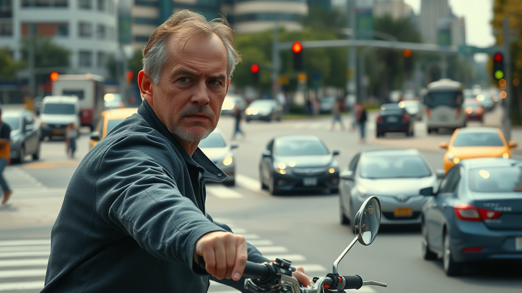 tense motorcyclist approaching intersection city traffic motorcycle road safety