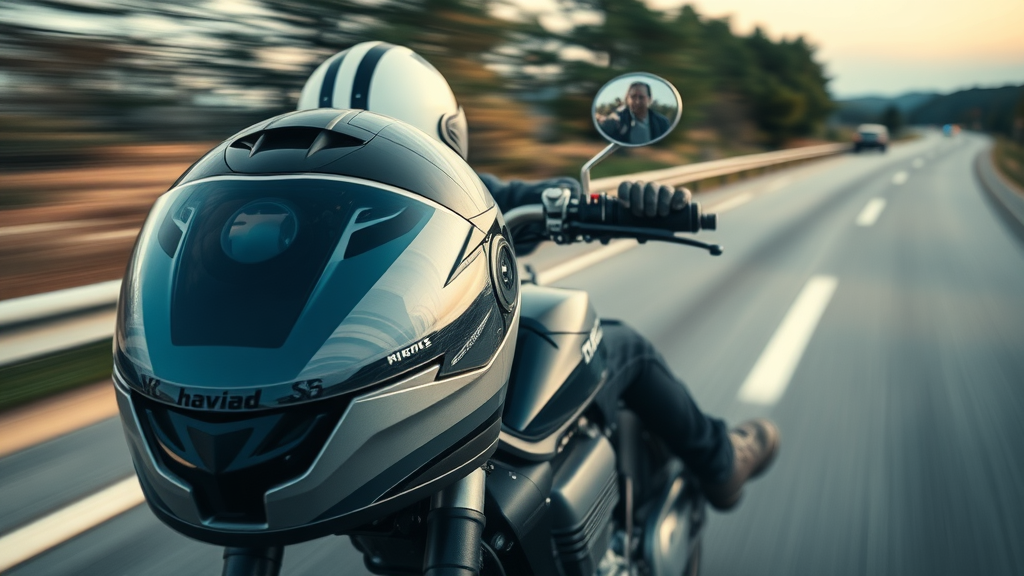 motorcycle rider speeding with helmet in foreground and highway background - Helmet use and motorcycle crash statistics USA