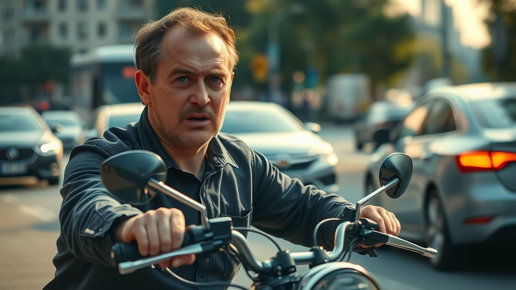 Cautious motorcyclist avoiding a car