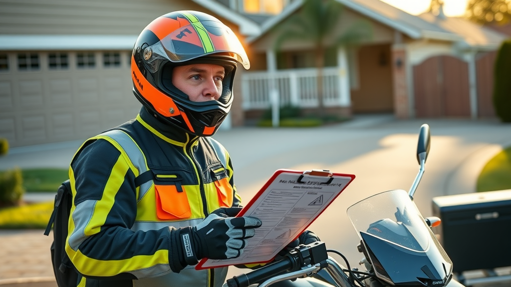 Confident motorcyclist wearing high-visibility gear performing safety inspection, motorcycle accident prevention tips