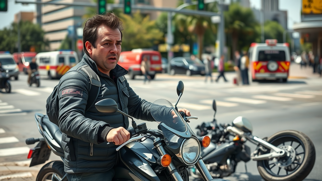 shocked motorcycle rider beside crashed motorcycle at busy urban intersection, aftermath of motorcycle accident, emergency vehicles and bystanders, safe motorcycle handling