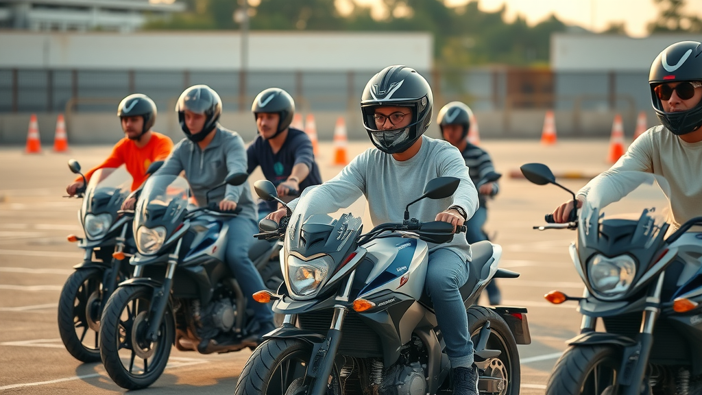 diverse basic ridercourse motorcyclists, defensive motorcycle riding training, safety cones, natural sunlight, lifelike scene