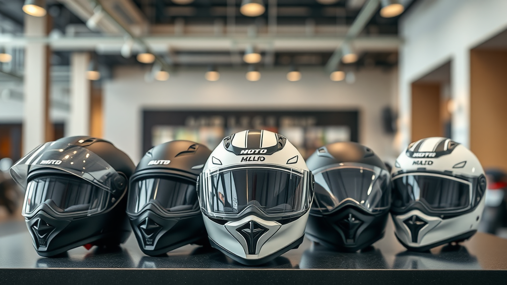 Variety of motorcycle helmets displayed on table, DOT approved motorcycle helmet comparison for safety and compliance