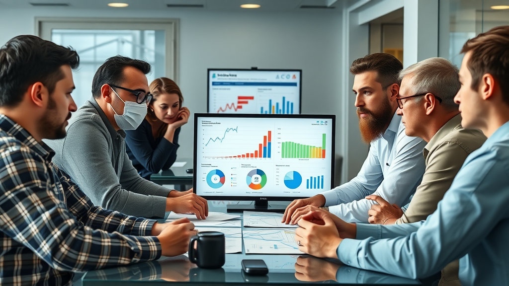 A diverse group of motorcycle riders reviewing motorcycle accident data USA charts, collaborating, modern office, infographics, engaged discussion
