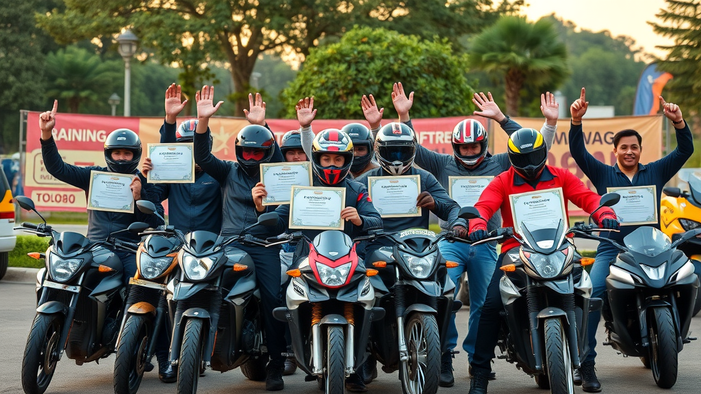 motorcycle safe ride series graduates holding completion certificates at outdoor training facility
