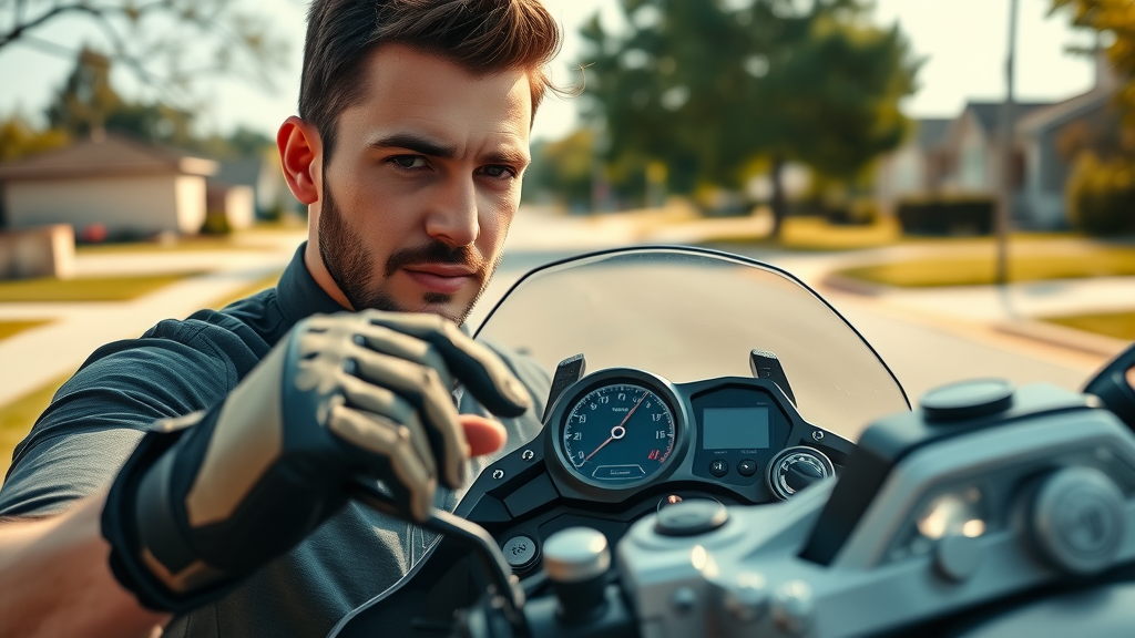 Motorcycle rider checking digital dashboard highlighting adoption of motorcycle safety best practices