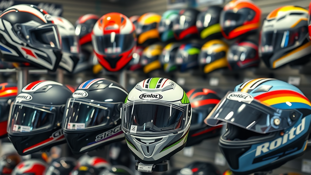 Quality motorcycle helmets on display in a shop interior with certifications for motorcycle accident prevention