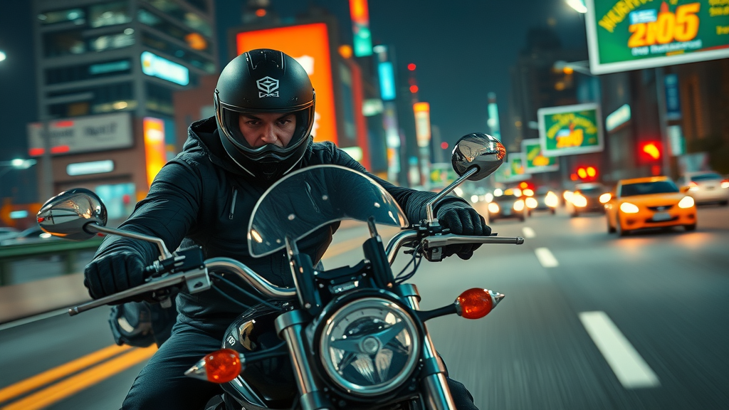 Reckless motorcycle rider overtaking at high speed on neon-lit highway - speed and motorcycle accident causes
