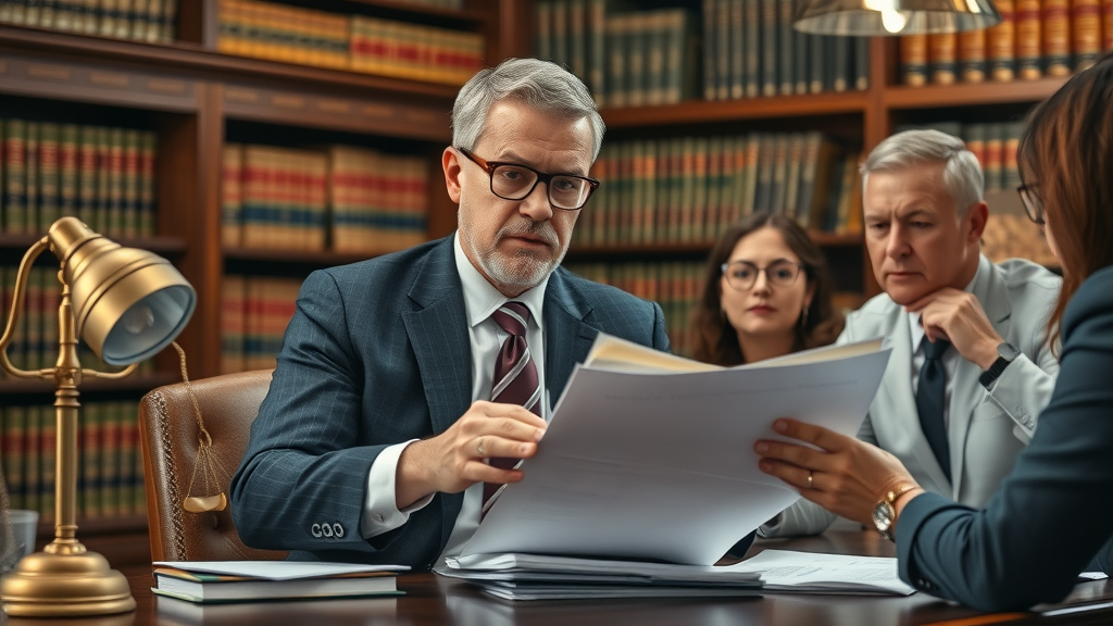 determined personal injury lawyer strategizing with legal team in law library for injury lawsuit