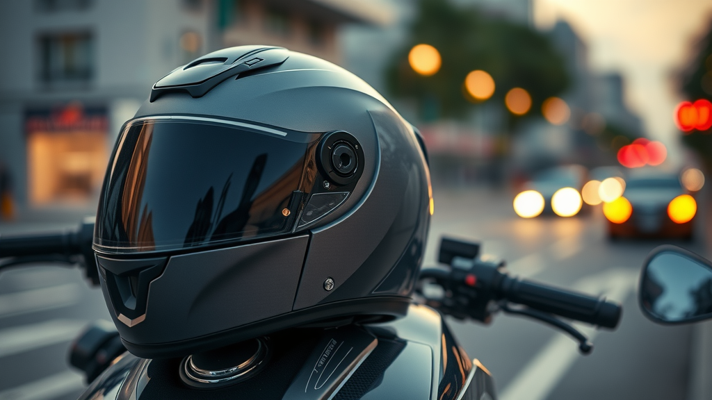 Motorcycle accident trends USA: high-quality helmet on motorcycle, safety focus in urban setting