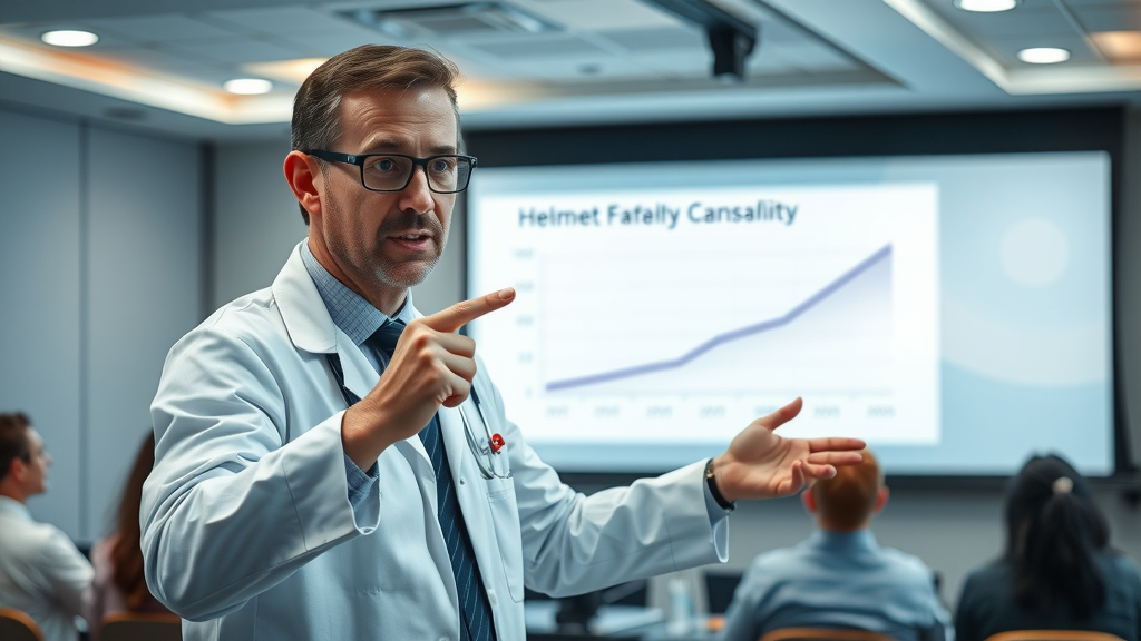 motorcycle helmet law impact research reporting clear decline in fatalities, presenter explaining helmet safety graph