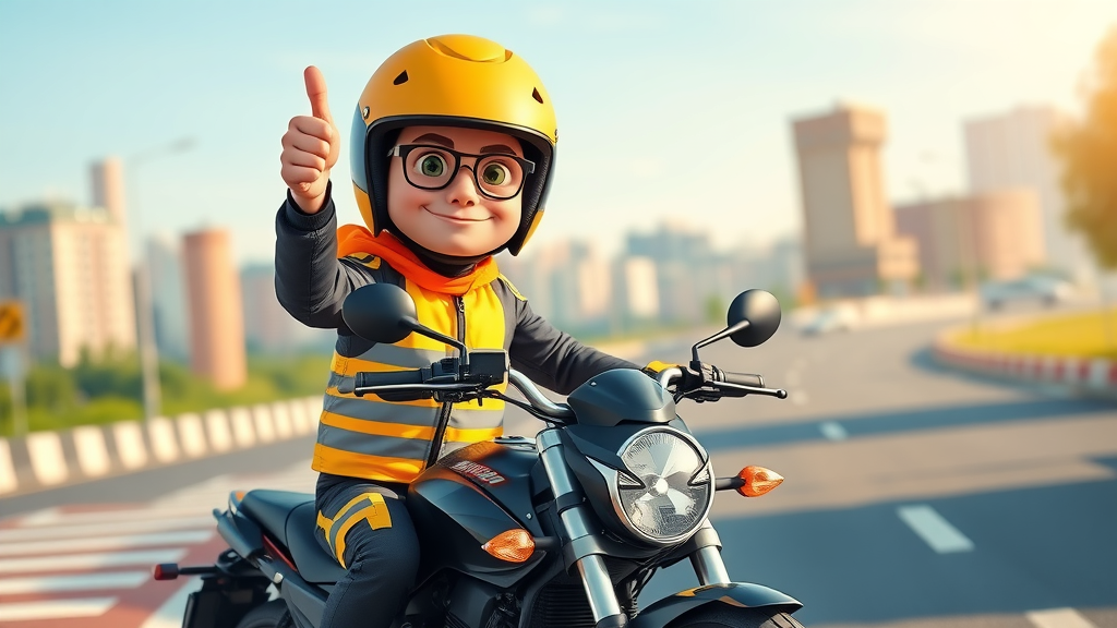confident defensive motorcycle riding motorcycle rider in bright, reflective gear, thumbs-up, city roads, positive colors