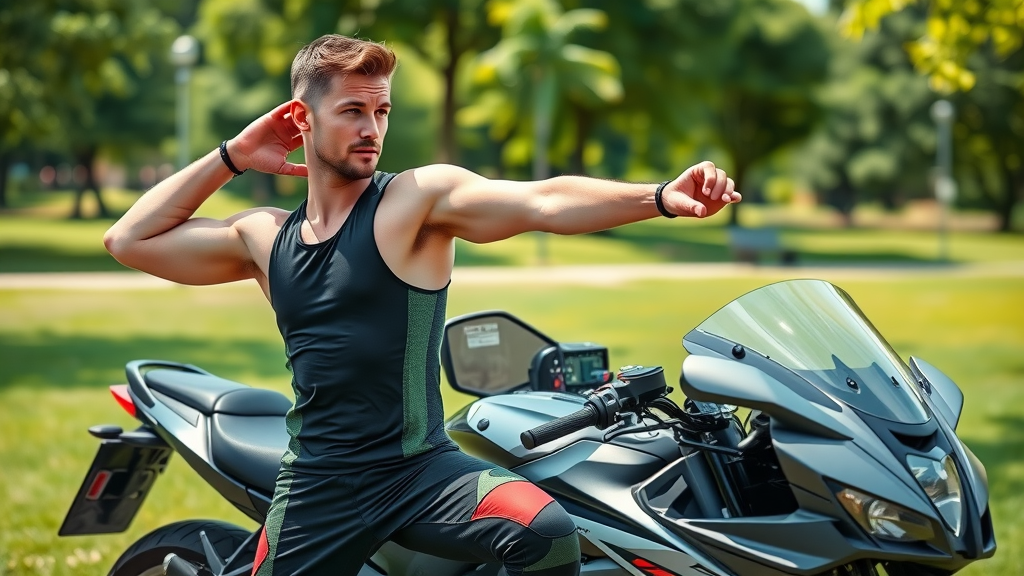 fit motorcycle rider stretching before ride to improve safe motorcycle handling through physical fitness