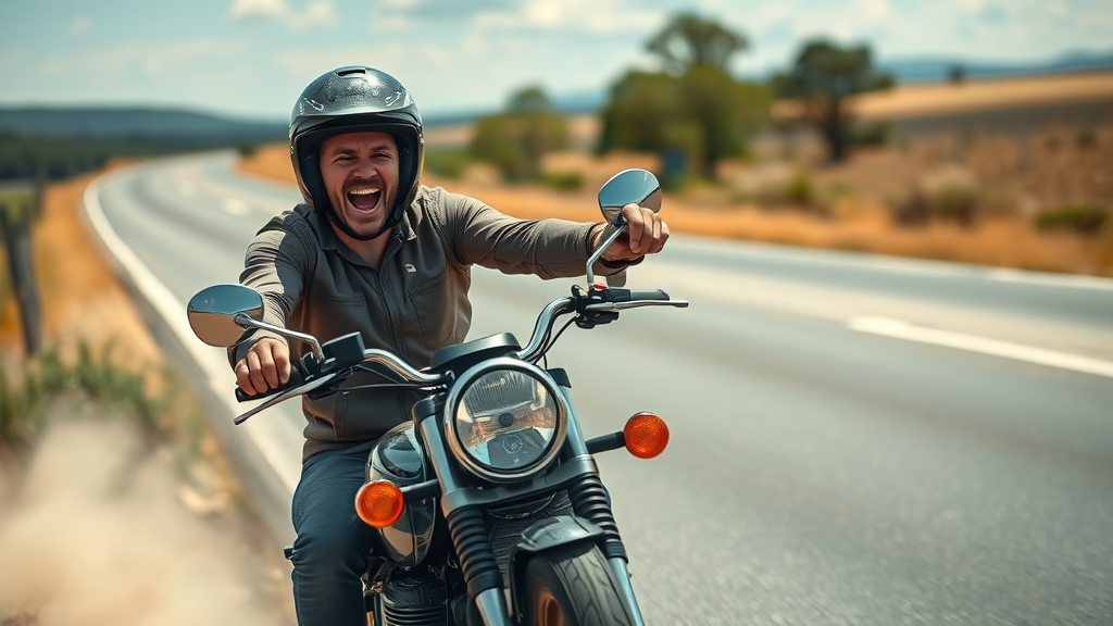 Relieved motorcyclist narrowly avoiding a crash by swerving around obstacle, grateful for safe riding techniques|Img_Alt_Text: motorcycle rider avoids crash by using safe riding techniques