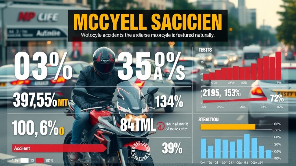 informative defensive motorcycle riding statistics infographic, urban background, vibrant color palette, dynamic charts, natural daylight