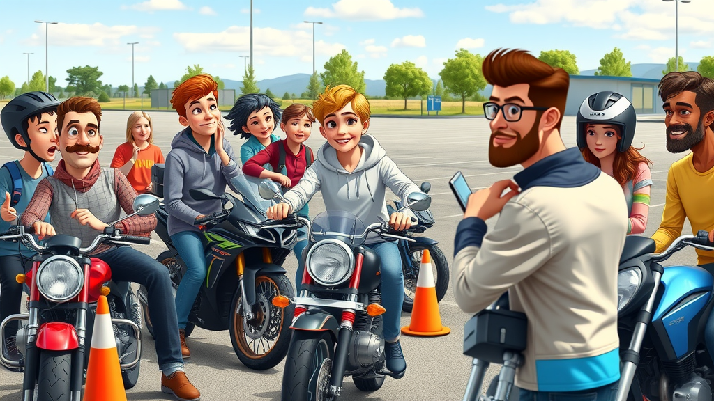 Diverse group of riders learning safe techniques during motorcycle safety course – critical for motorcycle rider safety statistics