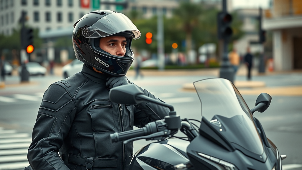 Thoughtful motorcycle rider in full protective gear standing beside a modern motorcycle demonstrating safe riding techniques, city intersection background, reflective surfaces.|Img_Alt_Text: safe riding techniques in urban environment