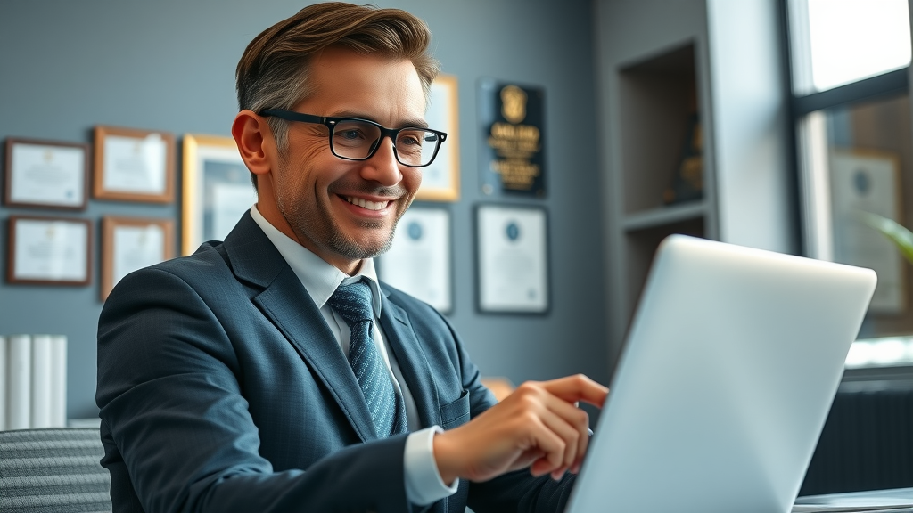 personal injury attorney checking online reviews in modern office setting with awards in background
