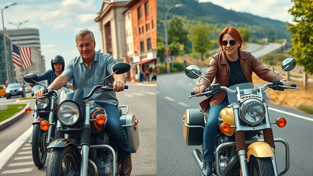 U.S. and European motorcycle riders in different environments highlighting global motorcycle safety statistics